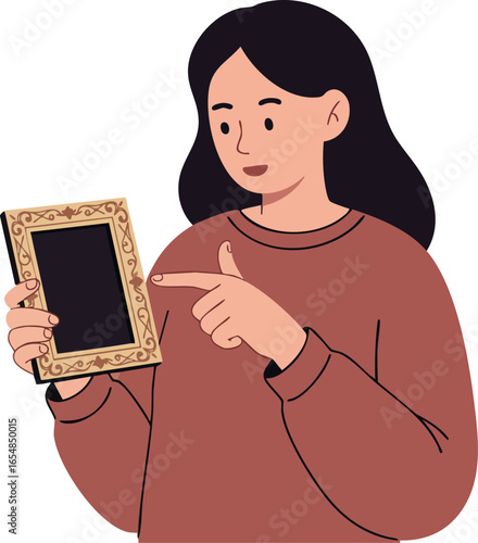 Woman pointing at empty photo frame in brown sweater holding picture vector illustration 
