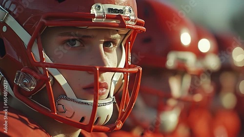Intense Young Football Player in Red Helmet Focused on Game Day Action
