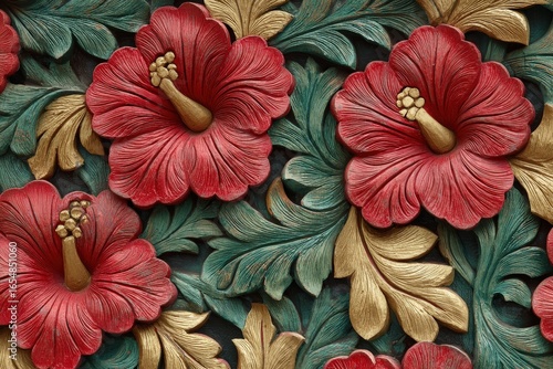 Wallpaper Mural Intricate floral carvings in rich reds, greens, and golds create a visually stunning pattern. Torontodigital.ca