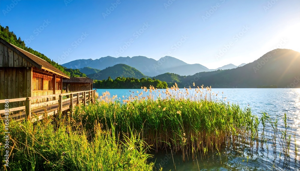 Fototapeta premium Lakeside cabins under a sunny sky