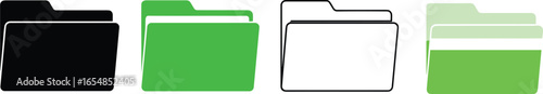 Colorful folder icons, monochrome folder graphics, digital file management symbols, office organization vector set, business documents storage, icon design elements