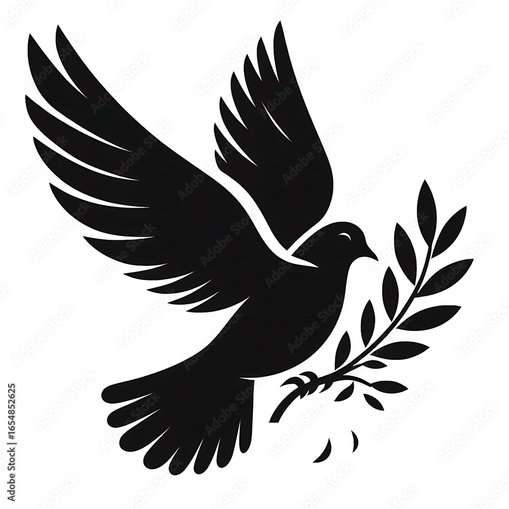 Obraz premium Black Silhouette of Flying Dove with Olive Branch – Minimalist Vector
