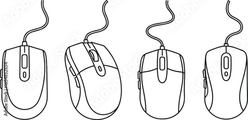 Computer mouse icons, wired mouse illustrations, scroll wheel graphics, ergonomic device symbols, vector line art, black silhouette, tech accessories design