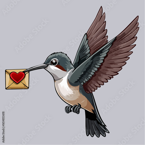 Charming cartoon hummingbird delivering a ruby-red heart envelope with blush-pink ribbon and golden heart seal – enchanting minimalist vector for Valentine’s promotions, greeting cards