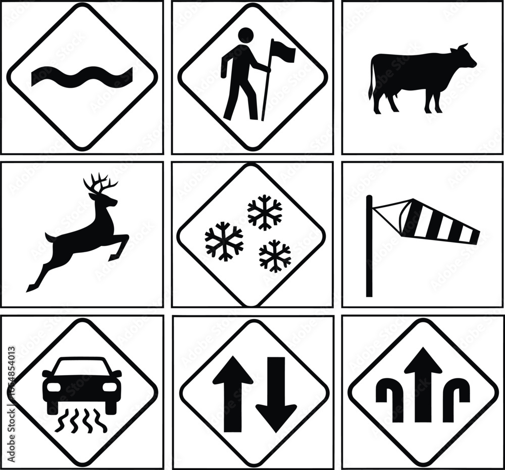 Fototapeta premium Road signs warning of hazards like animals, curves, and weather conditions