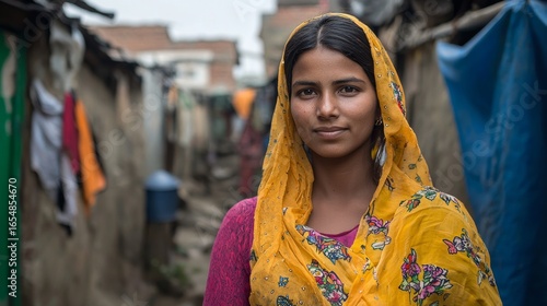 Young Woman in Yellow Dupatta, Slumscape Portrait