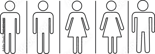 Restroom icons, gender symbols, male female signs, stick figures, toilet signage, vector illustration, black and white, public bathroom, unisex, silhouette