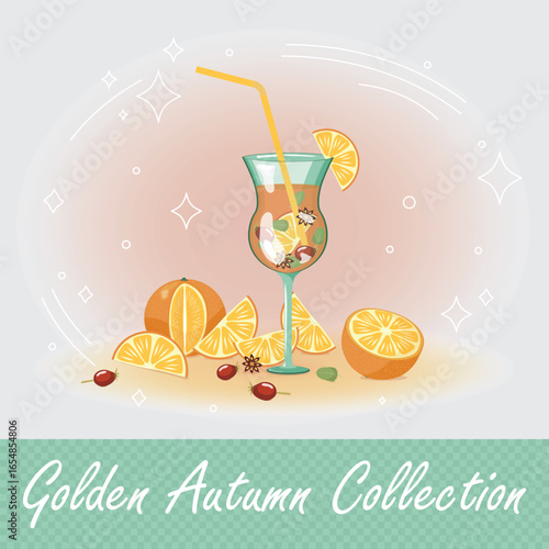 Fall-Inspired vector illustration with red Berries, Oranges and Hot Tea with Rosehip, Anise, and Mint