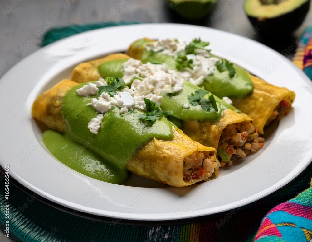 delicious enchiladas verdes filled with chicken and topped with green tomatillo sauce cheese and toppings presented on a white plate delicious enchiladas verdes filled with chicken and topped with green tomatillo sauce cheese and toppings presented on a white plate