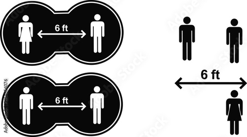 Social distancing icons, 6 feet apart graphics, safety guidelines symbols, vector people illustrations, health precaution elements, public awareness design assets