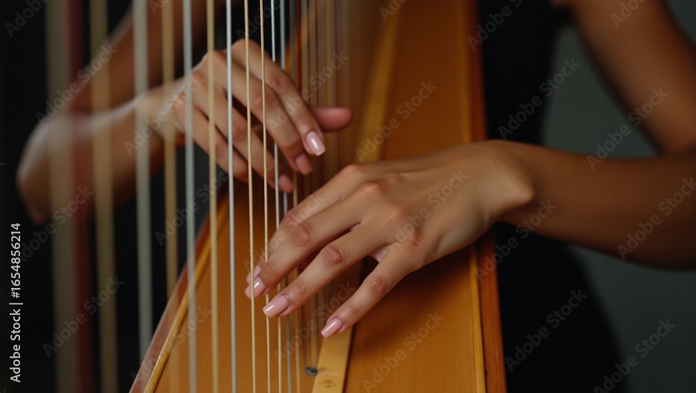 Obraz premium Hands play a harp, fingers on strings.