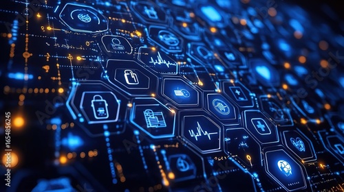 Digital Interface with Hexagonal Elements and Tech Icons