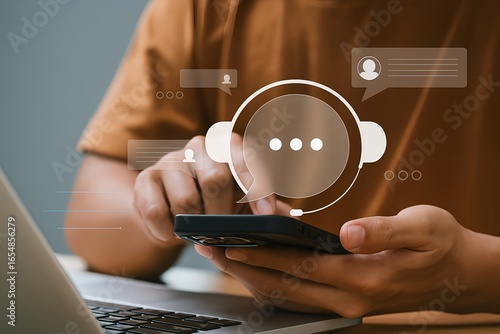 Digital Customer Service and Technical Support Concept – Person Using Smartphone with Headset Icon and Chat Messages
