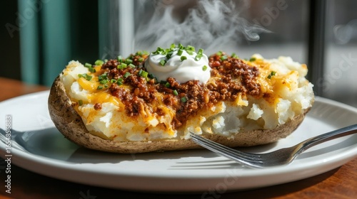Loaded potatoes baked and split open with fluffy interior topped with seasoned ground beef chili melted cheese sour cream and fresh chives on white plate