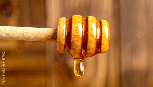A honey dipper drips golden honey onto a wooden surface, showcasing a close-up of viscous honey and a smooth wooden handle.