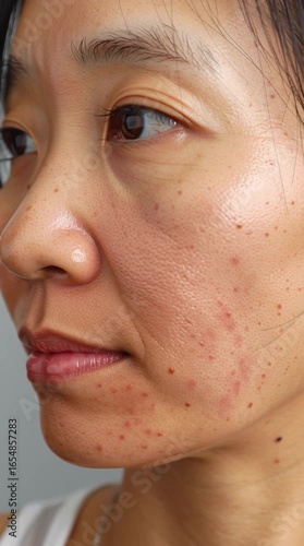 A close-up of a person's face showing skin imperfections and acne scars, vertical video