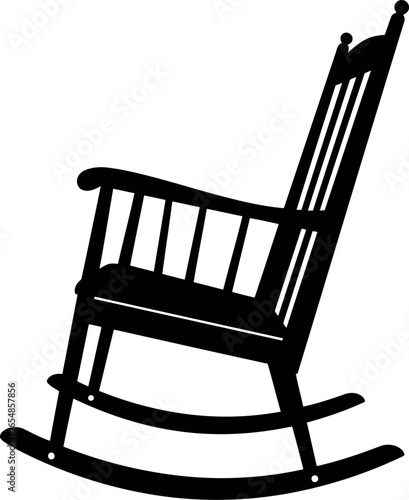 Classic dark wooden rocking chair with slatted back and curved runners isolated on a white background