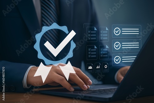 Quality Assurance and Compliance Concept in Digital Business – Businessman Using Laptop with Verification Icons