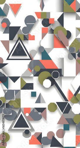 Abstract geometric pattern with overlapping shapes in various colors and sizes.