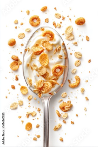 Spoonful of Yogurt and Cereal Overhead Shot on White Background Healthy Breakfast Still Life