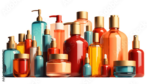 A large combined set of colorful cosmetic, hygiene, perfume bottles and jars of different shapes and sizes on a transparent background for bold projects about beauty and health
