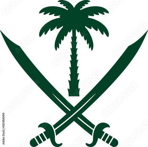Emblem of saudi arabia featuring a palm tree crossed with two swords symbolizing strength and heritage
