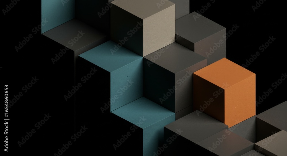 Abstract Geometric Cube Composition: Dark Teal and Burnt Orange 3D Render Abstract Geometric Cube Composition: Dark Teal and Burnt Orange 3D Render