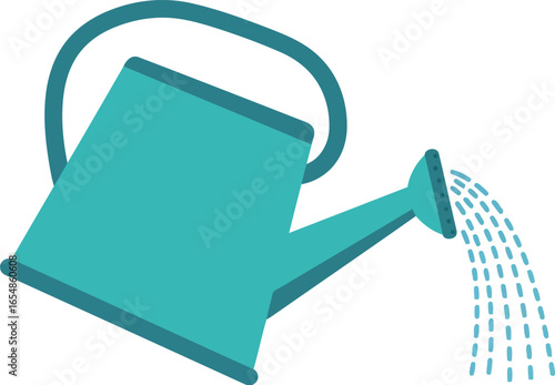 A simple teal watering can pouring a stream of water onto a white background symbolizing gardening and plant care
