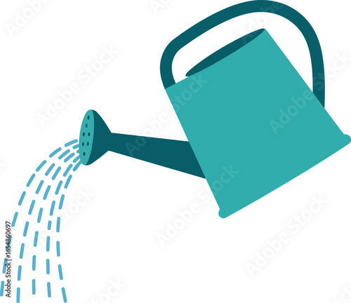 A teal watering can with a curved handle is tilted and pouring a stream of water onto a white background