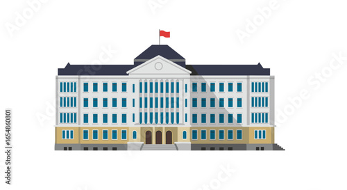 Historic government building with columns and red flag in flat design style