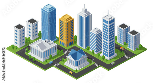 Isometric urban cityscape with diverse modern buildings and streets