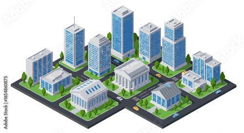 Isometric cityscape with skyscrapers and green spaces