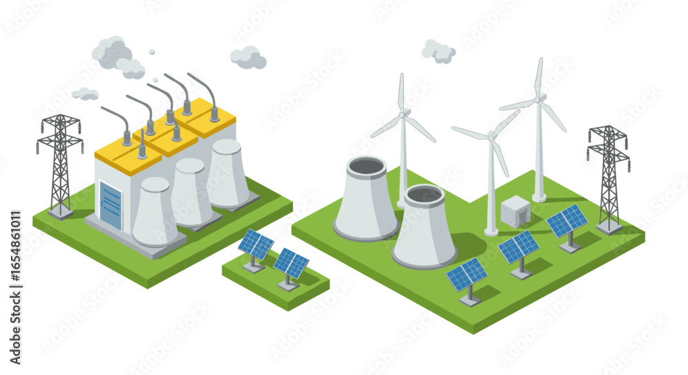 Naklejka premium Isometric renewable and nuclear energy concept with power plants and solar panels