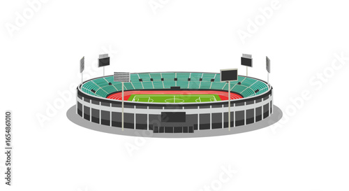 Isometric outdoor stadium with soccer field and track lights