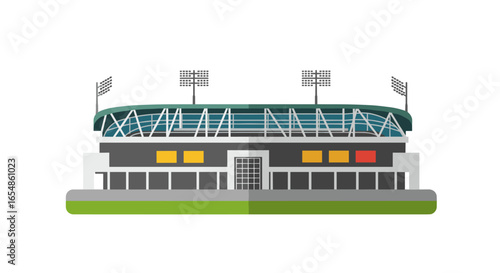Modern stadium icon with green field and floodlights on white background