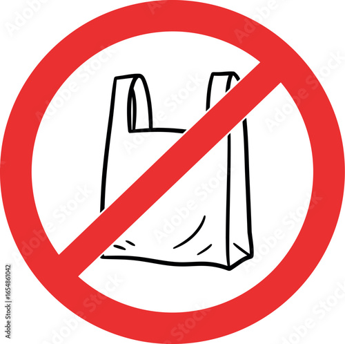 Illustration of a red prohibition circle with a diagonal line over a white plastic shopping bag symbolizing a ban on single use plastic bags