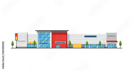 Modern shopping center facade with trees in flat design on white background