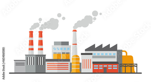 Flat industrial factory with smoke stacks and machinery elements