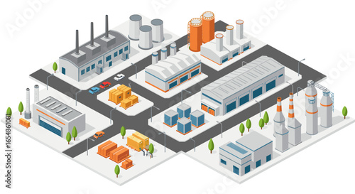 Isometric industrial park with factories and warehouses in urban setting