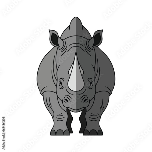 A stylized illustration of a rhinoceros standing facing the viewer, with a horn.