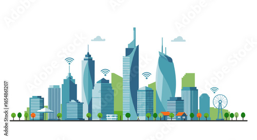 Modern urban skyline with futuristic skyscrapers and smart city elements
