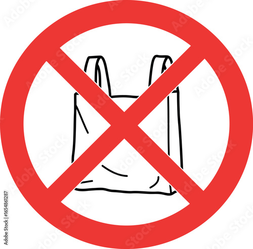 Red prohibition sign with a stylized shopping bag crossed out indicating a ban on plastic bags and single use plastic