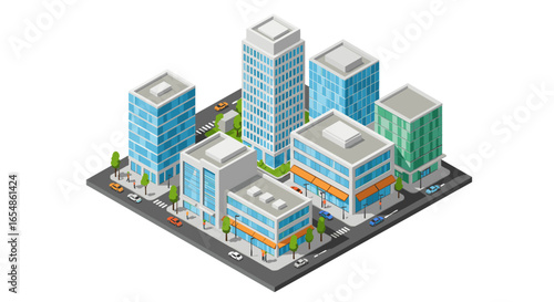 Modern cityscape with high-rise buildings in isometric design