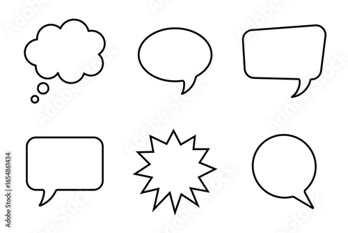 Minimalist speech bubble icons set with editable stroke. Vector outline collection including chat bubble, thought cloud, comic text box, dialog shape, message frame, communication and talk symbol.