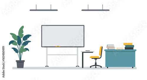 Modern classroom with whiteboard and desk setup in minimalist style