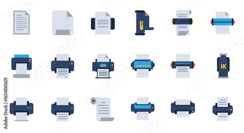 Collection of modern printers and documents flat icon set