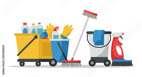 Cleaning equipment collection: precise flat design of essential supplies
