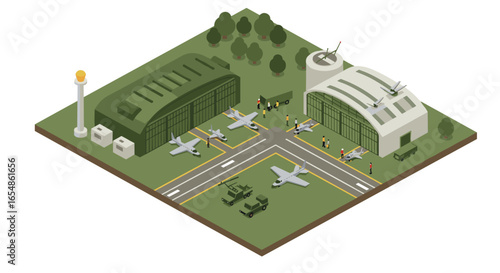 Isometric military base scene with aircraft and hangars in a green landscape