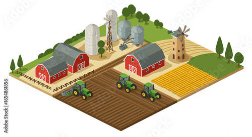 Isometric farm landscape with red barns, tractors, and windmill
