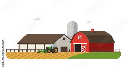 Farmyard scene with tractor on fields and barns in rural landscape